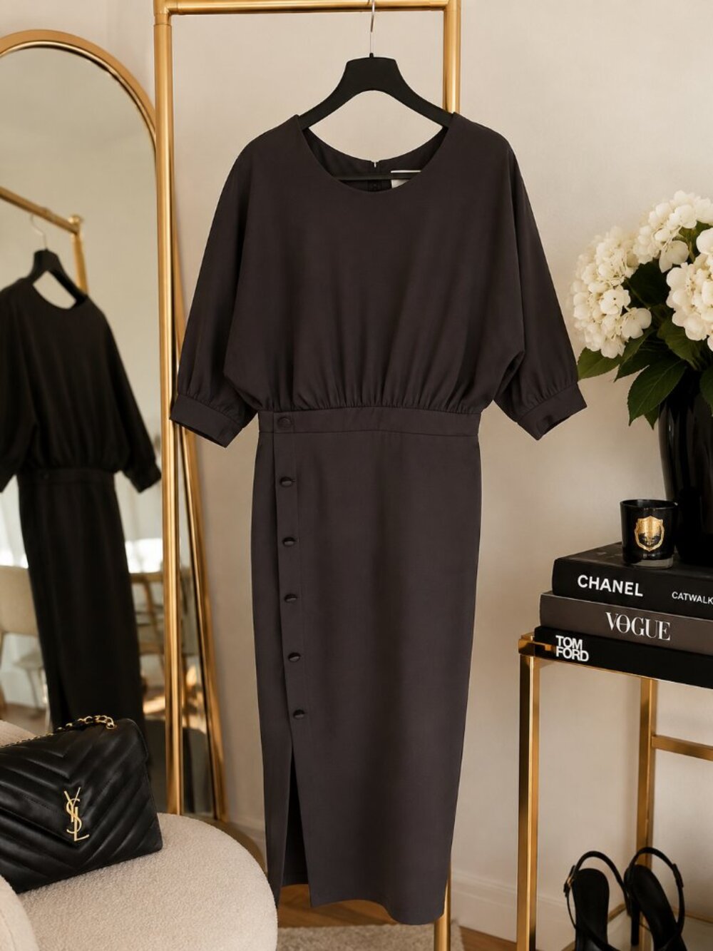 ASOS Black Midi Dress Women's US 12 UK 16 Draped Waist Long Sleeve Cocktail Work
